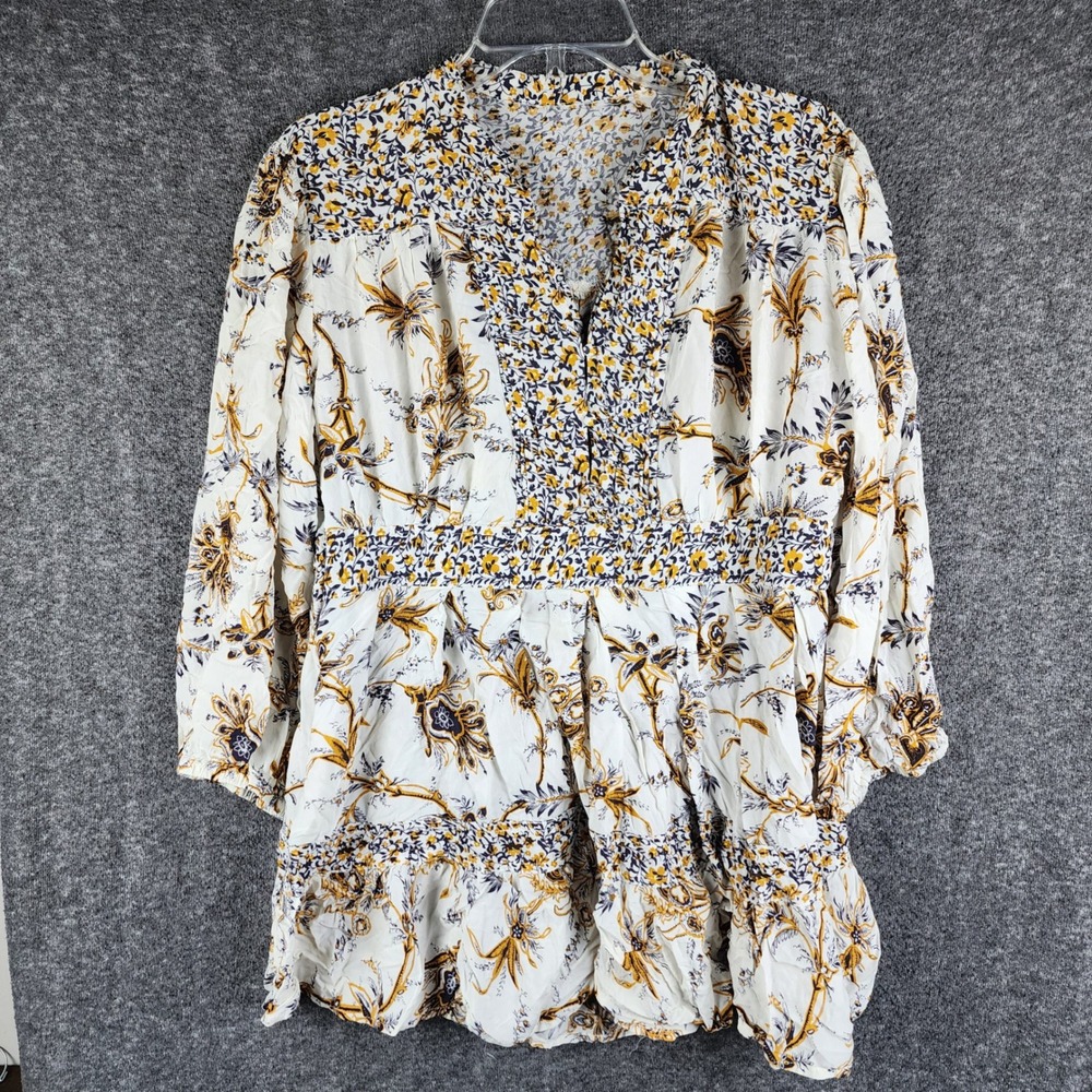 Unbranded Blouse Womens L Babydoll White Floral Paisley Smocked Ruffle Tiered